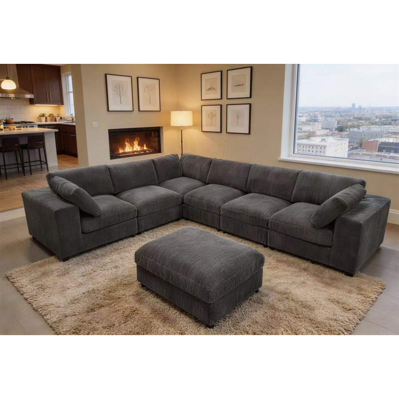 Canapé modulaire réversible de large de 138 po avec repose-pieds Amy-Grace, Gris minuit, 33 po H x 132 po L x 104 po P
