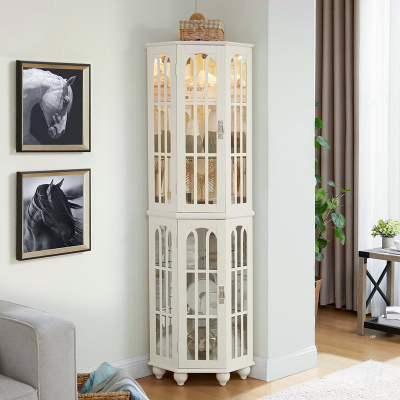 Vitrine de coin avec 4 tablettes réglables en verre trempé et système d'éclairage, pieds en bois massif, panneau arrière en miroir en acrylique (ampoule E26 non incluse)