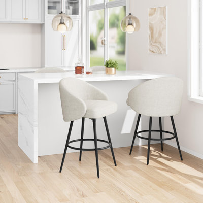 Set of 2 360° Silent Swivel White Counter Height Bar Stools with Backrest Footrest Linen Upholstered Sturdy Black Metal Frame Modern Kitchen Island Dining Chairs White