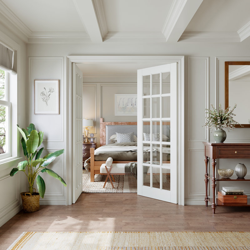 Intérieur de la porte en verre transparent 15-Lite, porte de dalle française apprêtée à noyau solide avec verre trempé transparent certifié SGCC, pré-fini et facile à faire soi-même en satin, sans quincaillerie, garde-manger, chambre à coucher, salle de bain et garde-robe 64 po x 80 po