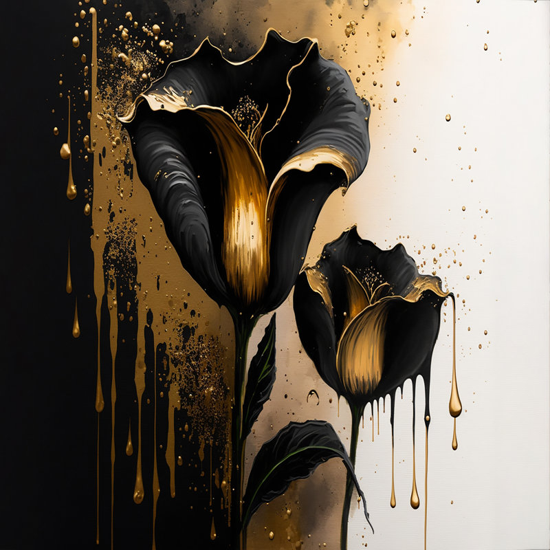 Décoration murale noire et dorée Cally Lillies - Calla Lily, H 30 po x l 40 po x P 1,5 po, Toile avec cadre flottant noir