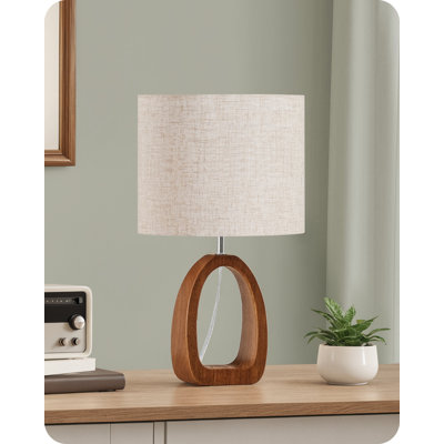 Petite lampe de table, petite lampe de bureau mignonne de 14,2 po, lampe de chevet en bois avec abat-jour en lin, lampe de table de chevet moderne pour la chambre à coucher, base E26, ampoule non incluse