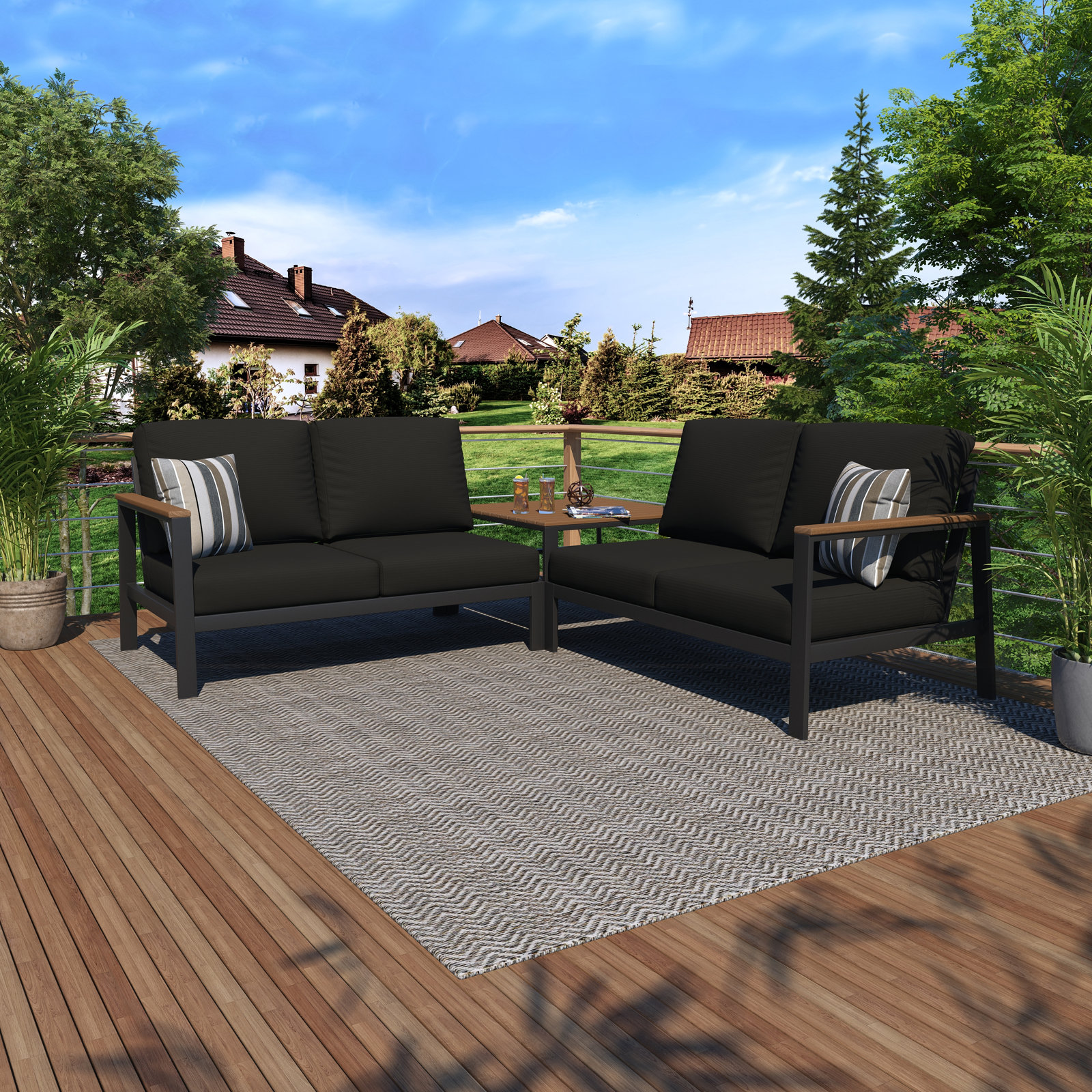 3 Piece Sectional Seating Group with Sunbrella Cushions, Canvas Black Sunbrella® Canvas