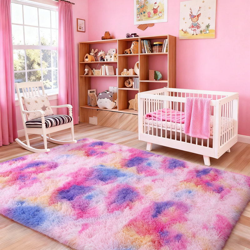 Tie-Dyed Rainbow Fluffy Rugs for Living Room, 5x7 ft Non-Slip Area Rugs Shag Carpet for Nursery Kids Play Room Dorm Office Indoor Modern Plush Carpets