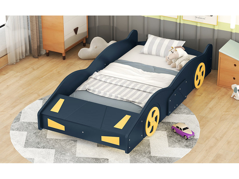 Lit plateforme simple en forme de voiture de course avec roues et rangement, bleu foncé + sommier jaune non requis, Dark Blue