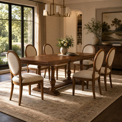 7-Piece Extendable Dining Set for 6 with 58"-76" Solid Wood Table and 6 Oval-Back Upholstered Chairs, Double-Pedestal Farmhouse Dining Set, Walnut