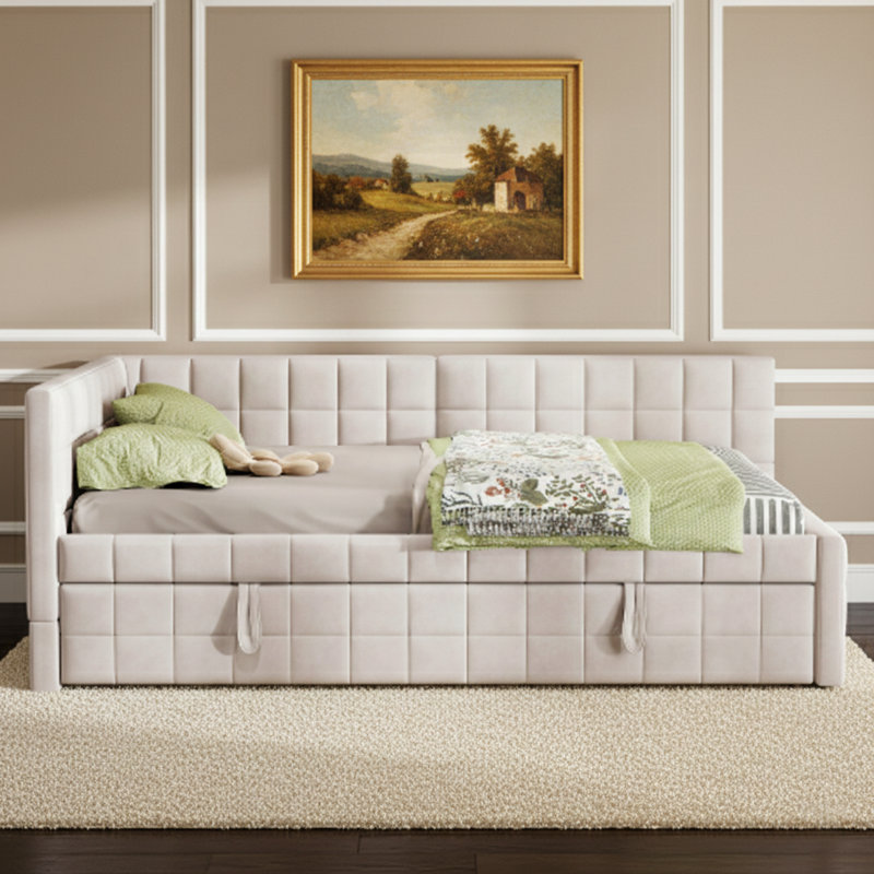 Full Size L-Shaped Upholstered Daybed With Twin Trundle And USB Ports, Beige, Modern Square-Block Design, Beige
