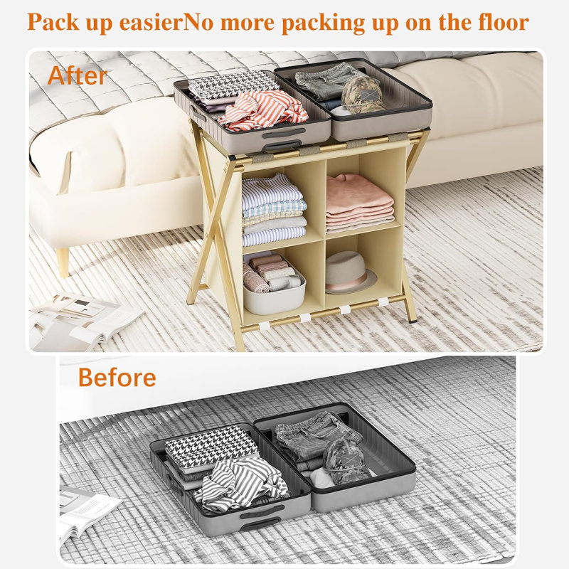 Ensemble de 2 porte-bagages avec rangement, valises pliantes pour chambre d'amis, pouvant supporter jusqu'à 120 lb, Doré