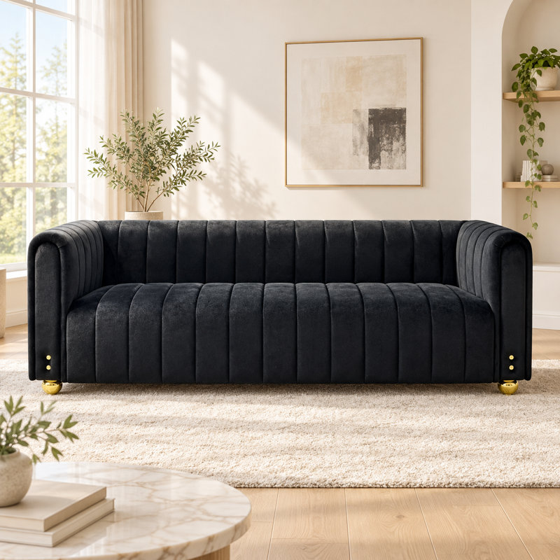 Roswitha 81.3 " Velvet Sofa, Black