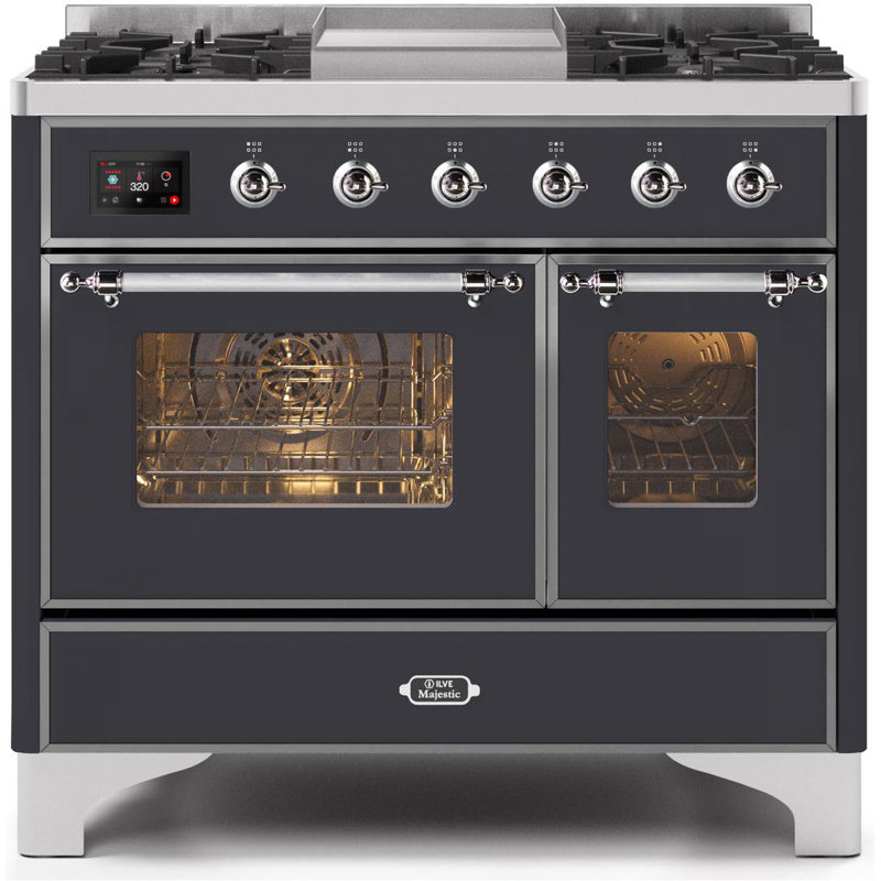 Cuisinière à double combustible de 40 po avec 6 brûleurs scellés et plaque chauffante ILVE Majestic II Series