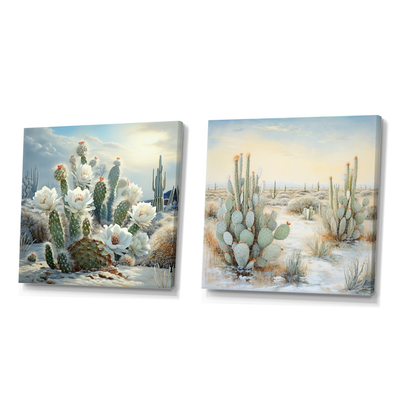 Cactus Charm In Winter - Cactus carré, ensemble de 2 collages, Toile tendue, H 30 po x l 61 po