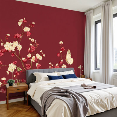 Chinoiserie Peel and Stick Wallpaper Calm Refined Art Floral Branches Butterflies Matte Burgundy Wall Murals 100"H x 144"W Removable PVC Wall Paper Self-Adhesive Wall Decor for Bedroom Living Room
