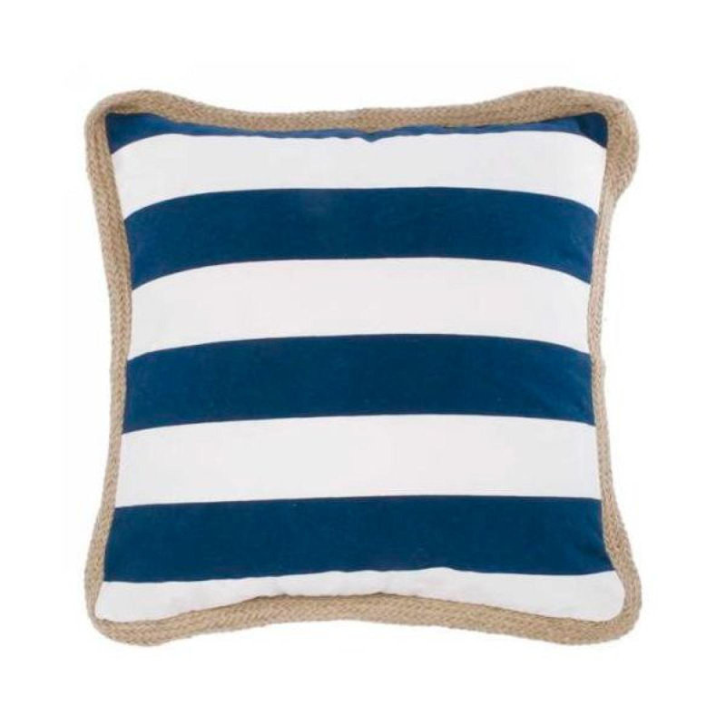 Oreiller à rayures bleues et blanches avec garniture en jute
