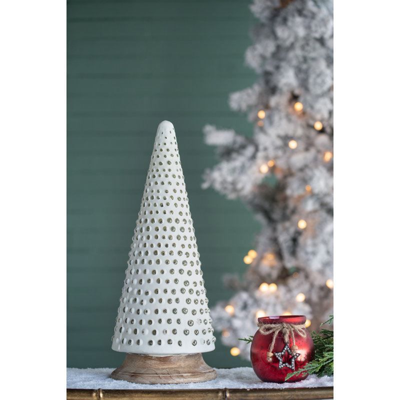 Décoration d'arbre de Noël conique en verre D6,7 x 18 po, crème