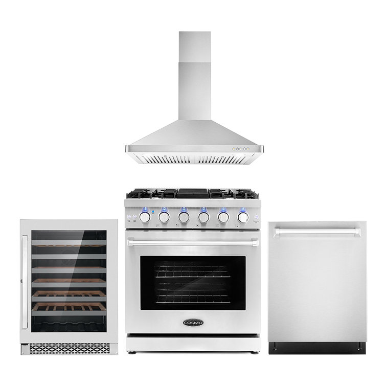 Cosmo 4 Piece Kitchen Appliance Package with 30'' Gas Freestanding Range , Built-In Dishwasher , Wall Mount Range Hood , and Wine Refrigerator