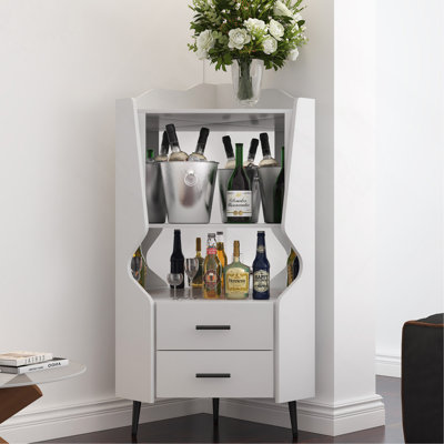 Buffet d'angle en bois avec 2 tablettes de rangement ouvertes et 2 tiroirs, armoire à dossier en miroir, pieds / pieds hauts pour un nettoyage facile, armoire buffet