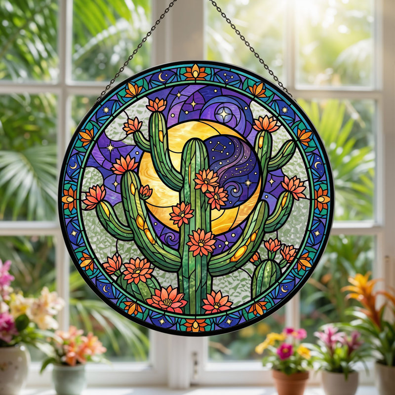 Cactus Moon Stained Glass Window Panel，12"H, 12"H