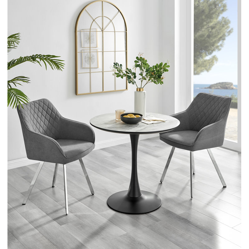 Ellis White Marble Effect Melamine Round Dining Table Set with 2 Luxury Upholstered Fabric Chairs, Dark Gray/Silver