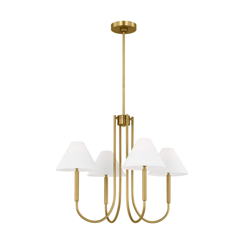 Satin Brass 5-Light Chandelier with White Linen Shades