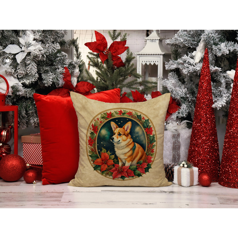 Coussin décoratif intérieur / extérieur en polyester Christmas, 14 po x 14 po, Carré, Corgi