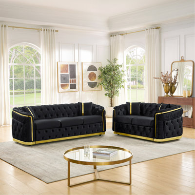 Ensemble de canapé Chesterfield de luxe en velours 2 pièces, canapé 3 places 84,6 "et canapé causeuse 62,6" avec décoration en acier inoxydable doré et 4 coussins