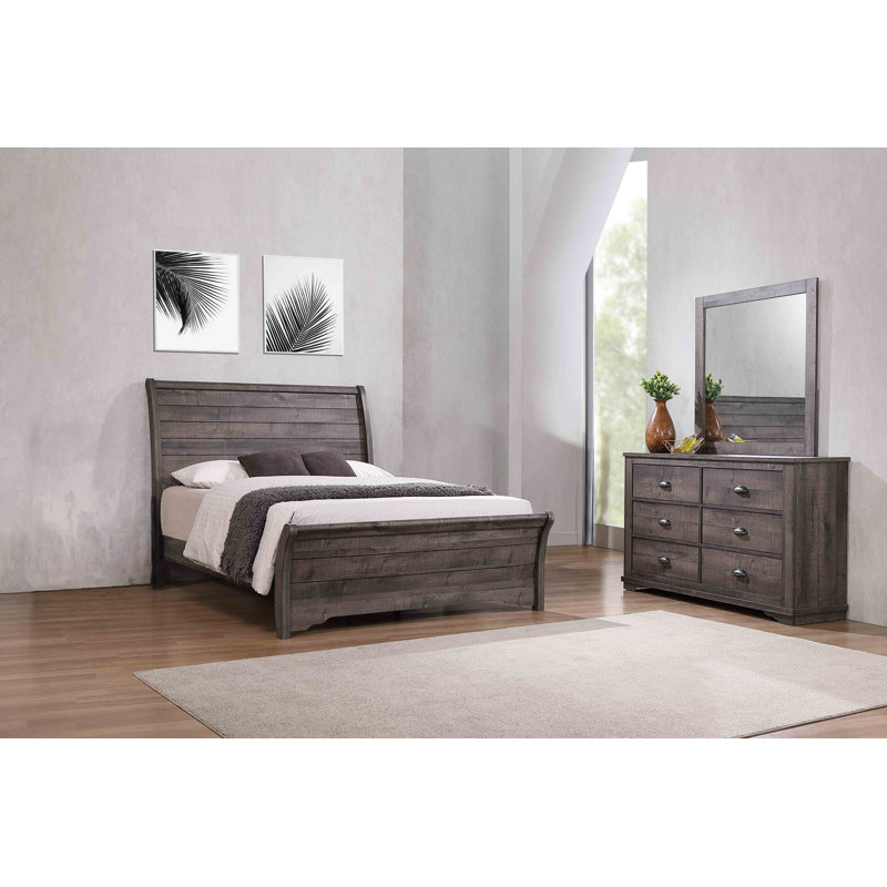 Ermel 5-1_Brianne Sleigh Bedroom Set, Gray, Queen, 4pieces:Bed, Dresser Mirror,Chest, Slat