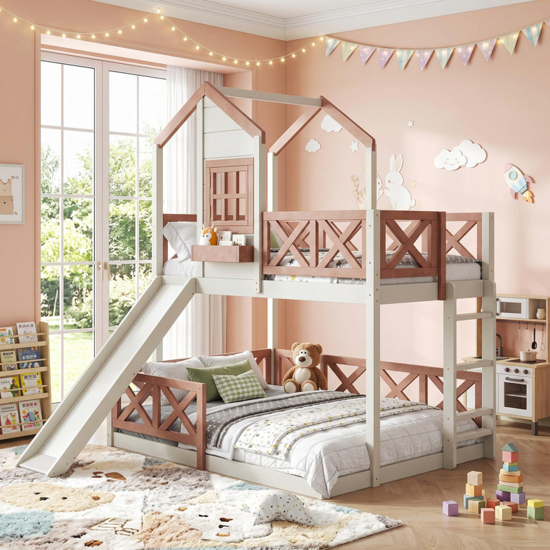 Lit superposé avec glissade, barrière de sécurité et rangement AVELOR Kids Playhouse - aucun sommier nécessaire