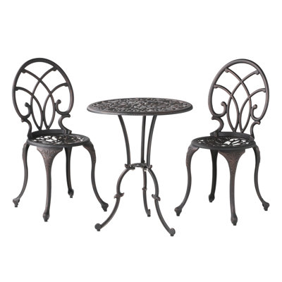 3Pc Aluminum Bistro In Copper Finish - For Intimate Outdoor Happiness Includes 2 Chairs And 1 Table With Umbrella Unveiling Cast Aluminium, Copper Finish, & Table, 24"X24"X28.5", Hole Option