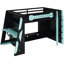 Lit mezzanine double en bois de couleur bleu nuage avec rangement sous le comptoir, éclairage et bureau latéral pour un espace de jeu parfait.