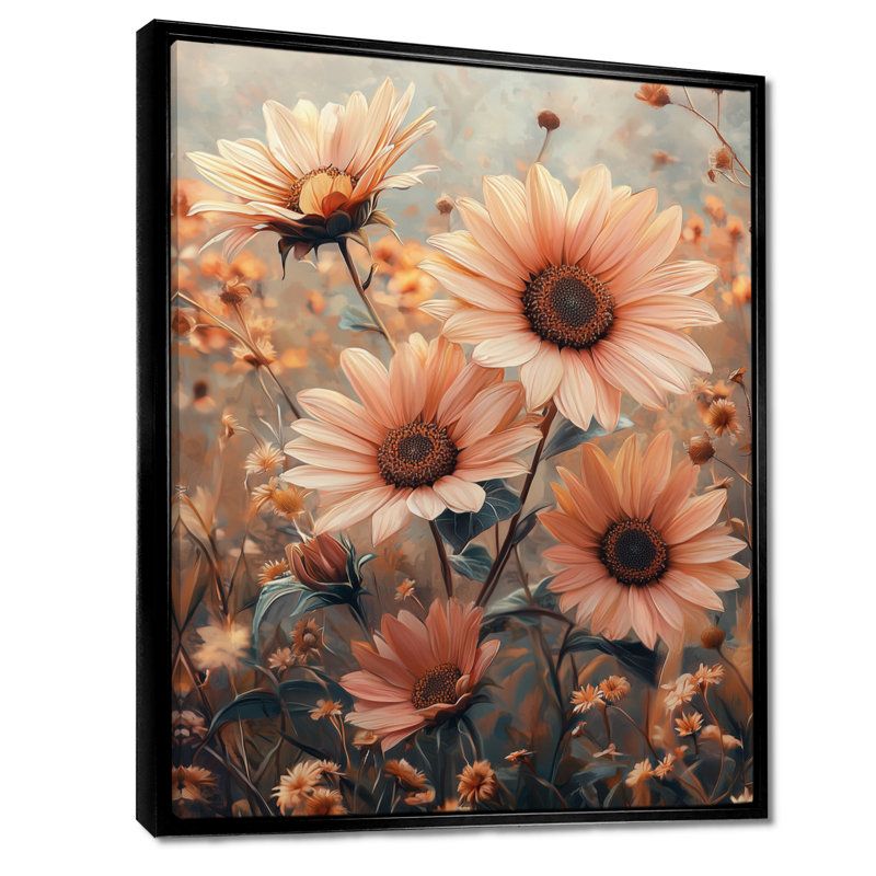 Sunflowers rétro rose Bloom III - art mural tournesols pour le salon, Noir, Impression encadrée flottante, H 20 po x l 12 po