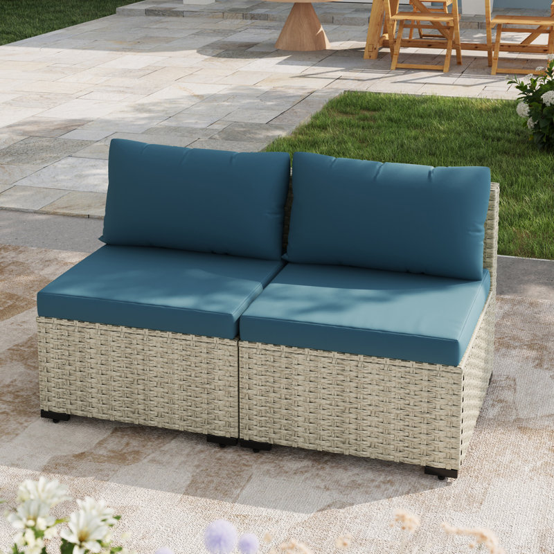 2 Pieces Rattan Patio Sofa With Cushions, Peacock Blue