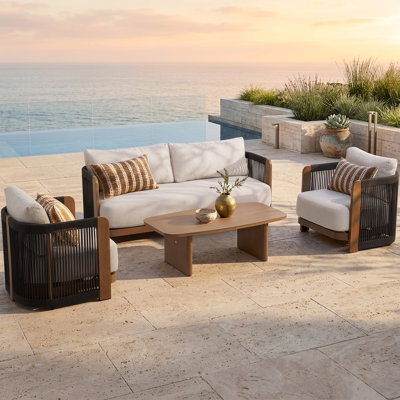 Modern Rope Woven Patio Sofa Set of 4 with Aluminum Frame and Wood Grain; Weather-Resistant Outdoor Conversation Set for Pool and Garden