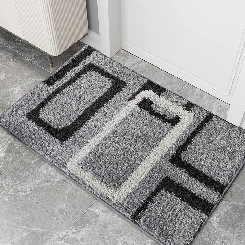 Breckynn Geometric Polyester Non-Skid Kitchen Mat, Light Gray