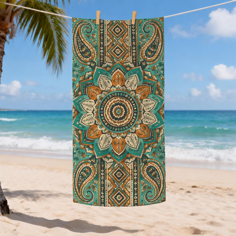 Serviette de plage bohémienne Mandala bleu sarcelle et microfibre brune, couverture légère sans sable à séchage rapide, parfaite pour les vacances pique-nique camping piscine voyage en plein air 50 x 60 pouces