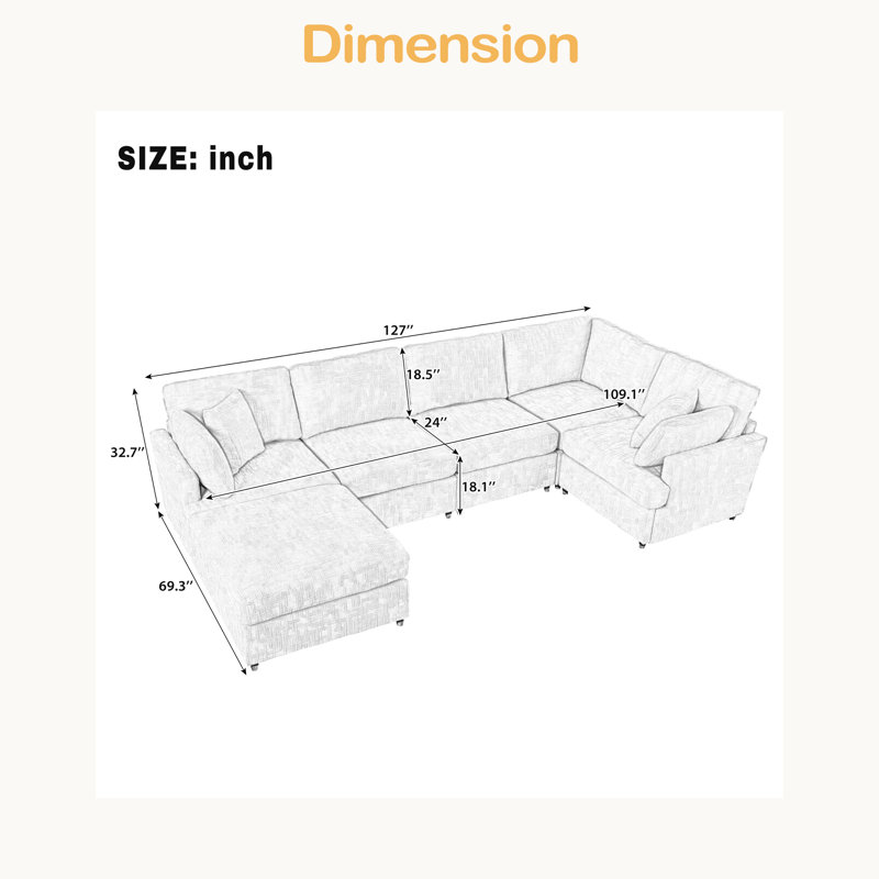 Canapé modulaire en forme de U 127 "avec repose-pieds mobile, ensemble de canapé en chenille 6 pièces, canapé d'angle modulaire convertible avec structure en bois de pin robuste