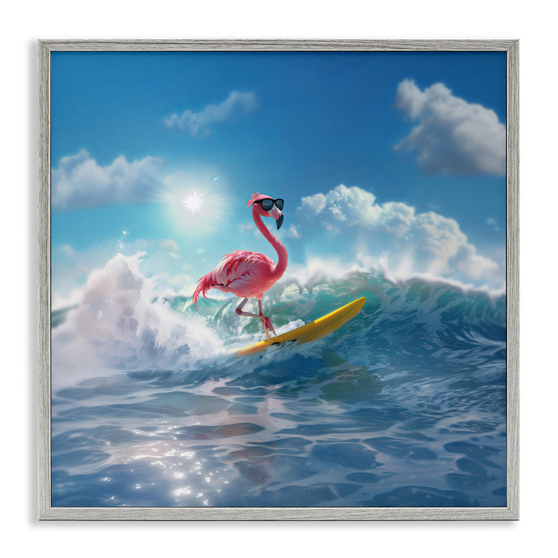 «Flamingo Surfing Caps», art de la giclée encadrée par Jim Baldwin, H 12 po x l 12 po, Estampe numérique Farmhouse