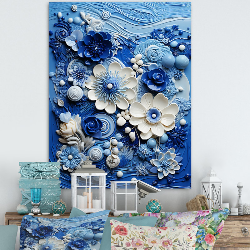 «Blue and White Botanical Tiles II» - art mural botanique, Toile tendue, H 60 po x l 40 po