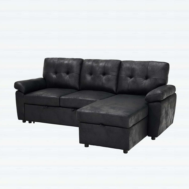 Canapé-lit modulaire convertible en L 88,5 pouces avec méridienne et rangement avec accoudoirs rembourrés, Black Fabric