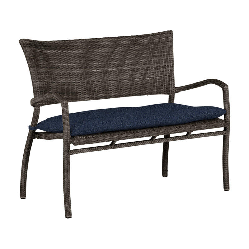 Skye Wicker Garden Bench, Black Walnut, Cabana Midnight Stripe Sunbrella®, Welt