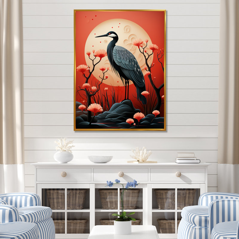 Portrait d'un héron japonais rouge sur toile, Cadre flottant doré, 40" H x 30" W