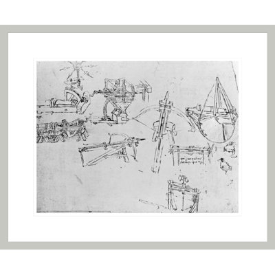 Armes et détails de dessins 149b-r from the Codex Atlanticus 1478-1518 by Leonardo da Vinci - Impression Giclée encadrée