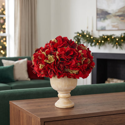 Holiday Hydrangeas in Decorative Pedestal Vase