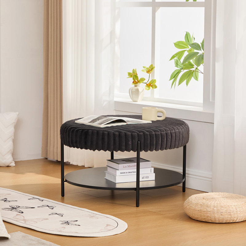 30.9"Wide Upholstered Round Ottoman Coffee Table Foot Rest With Black Metal Legs, Charcoal