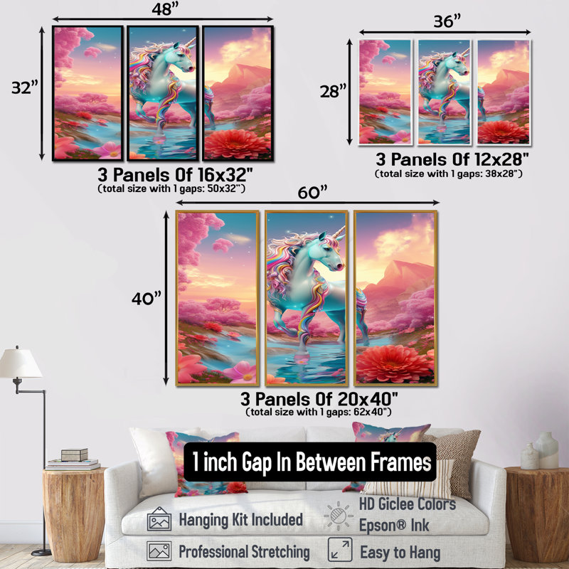 Ensemble de salon magique avec licorne blanche et fleur magique, Cadre flottant doré, H 40 po x l 60 po x P 1 po