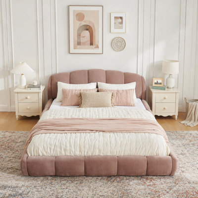 Elegant Chenille Upholstered Platform Bed Frame, Thick Curved Headboard & Wrapped Footboard, Low Profile Floor Bed, No Box Spring Required, Easy Assembly