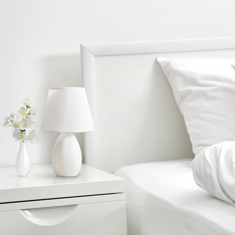  Mini lampe de table ovale en céramique avec abat-jour en tissu pour chambre à coucher et tables de chevet, Ivoire ivoire
