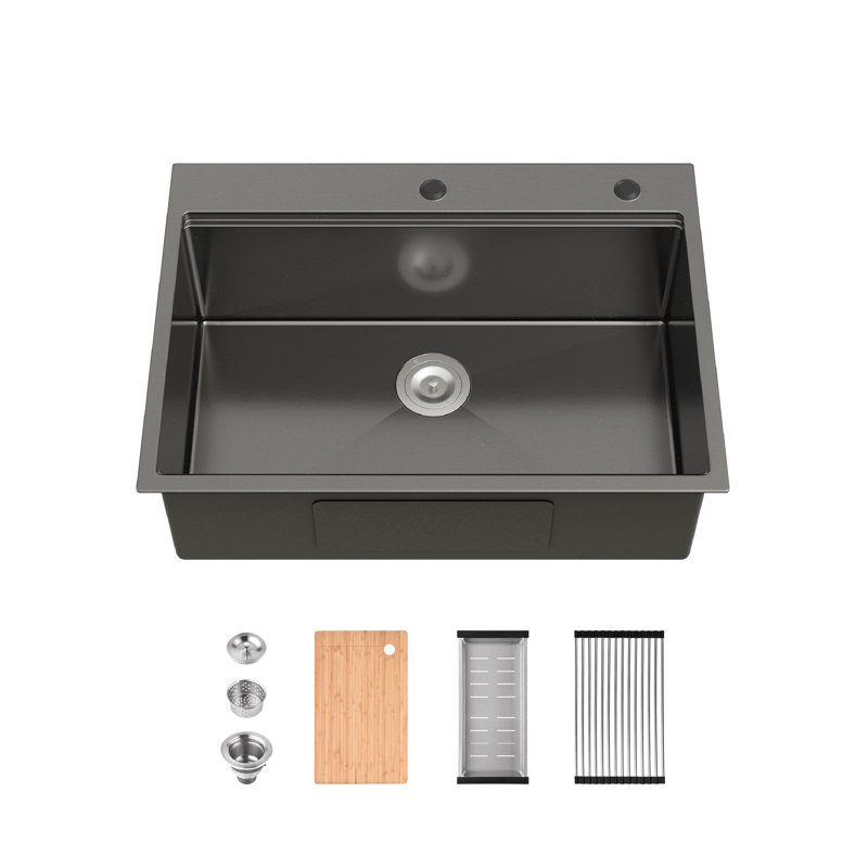 Évier de cuisine en acier inoxydable, bol simple, évier sur mesure fait à la main, avec planche à découper, passoire, Noir