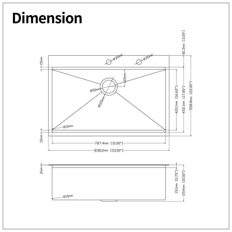 Évier de cuisine encastré à simple cuve en acier inoxydable 33 x 22 x 10 po avec poste de travail