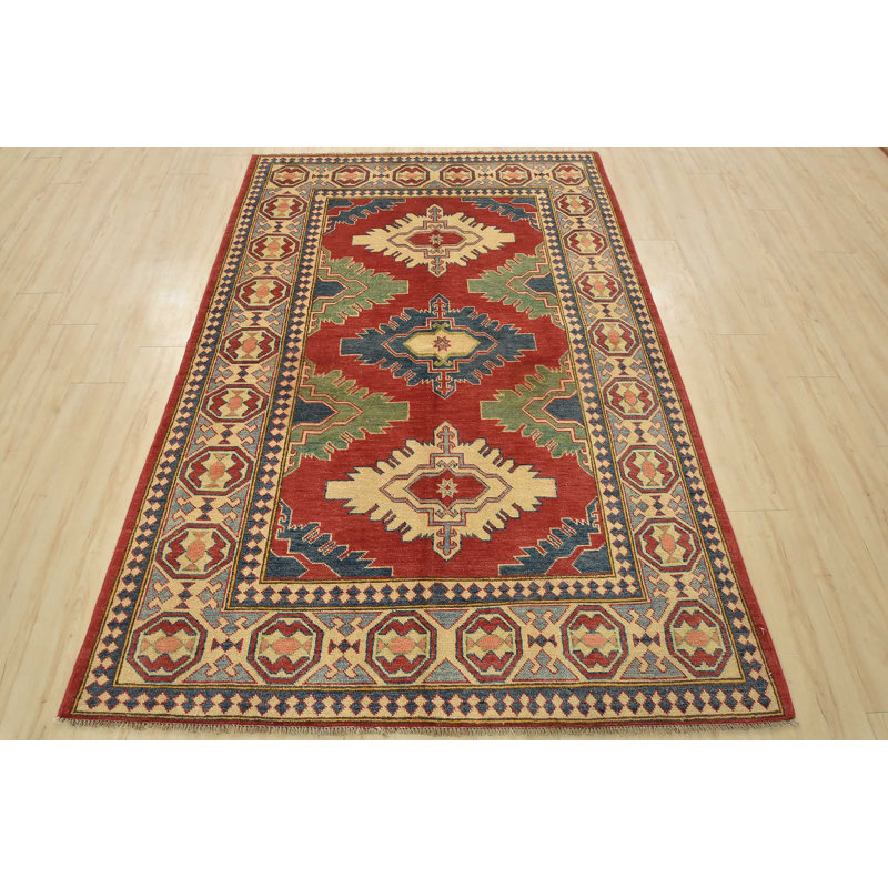 Tapis oriental rouge en laine noué à la main 5 pi 7 po x 7 pi Kazak Kazak