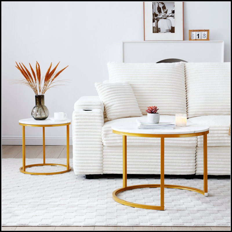 Ensemble de 2 tables basses gigognes avec plateau blanc et gris, cadre doré, conception circulaire pour un décor compact et élégant